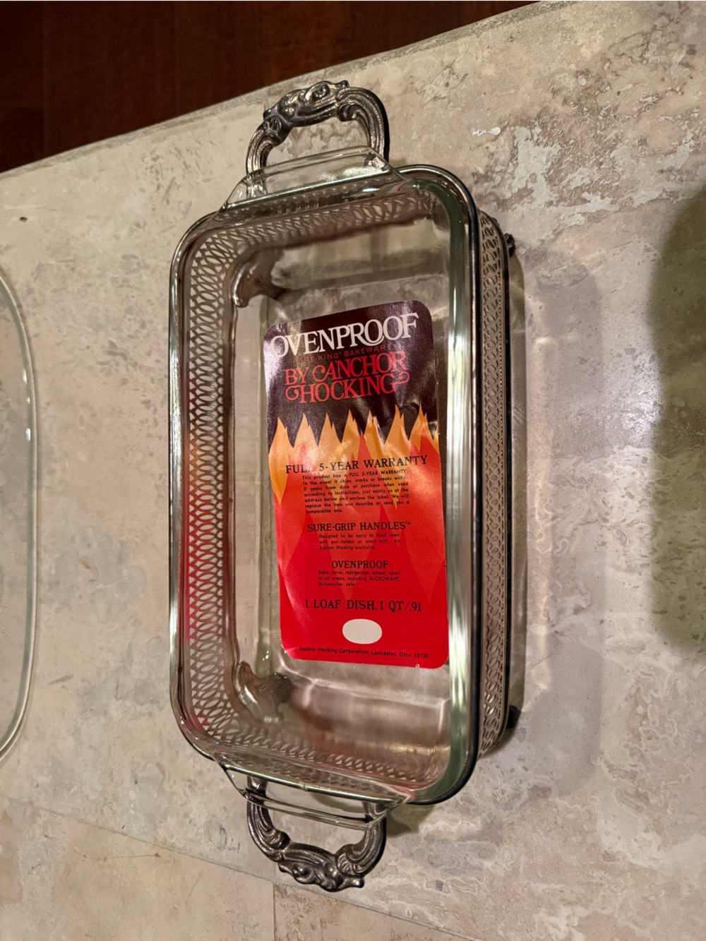 Fire-King Anchor Hocking Ovenproof 1 Qt Dish & Silver Plated Serving holder